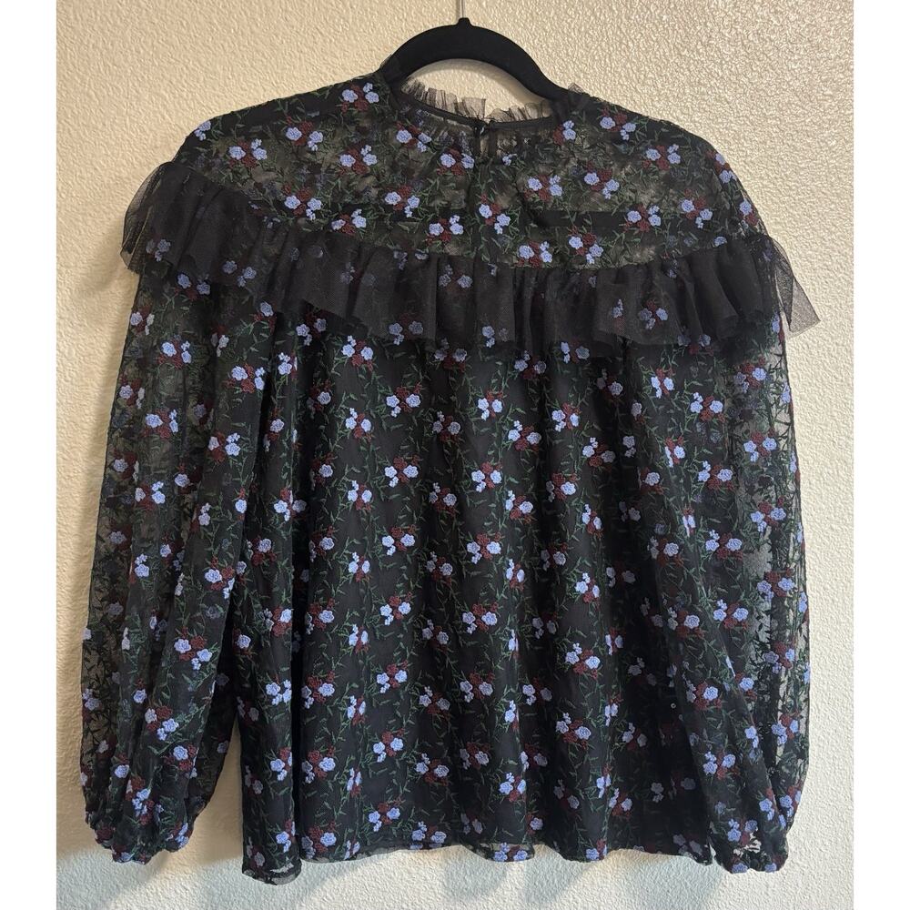 Pearl By Lela Rose Floral Embroidered Tulle Flounce Blouse Ruffled Sheer Size S - Picture 2 of 9